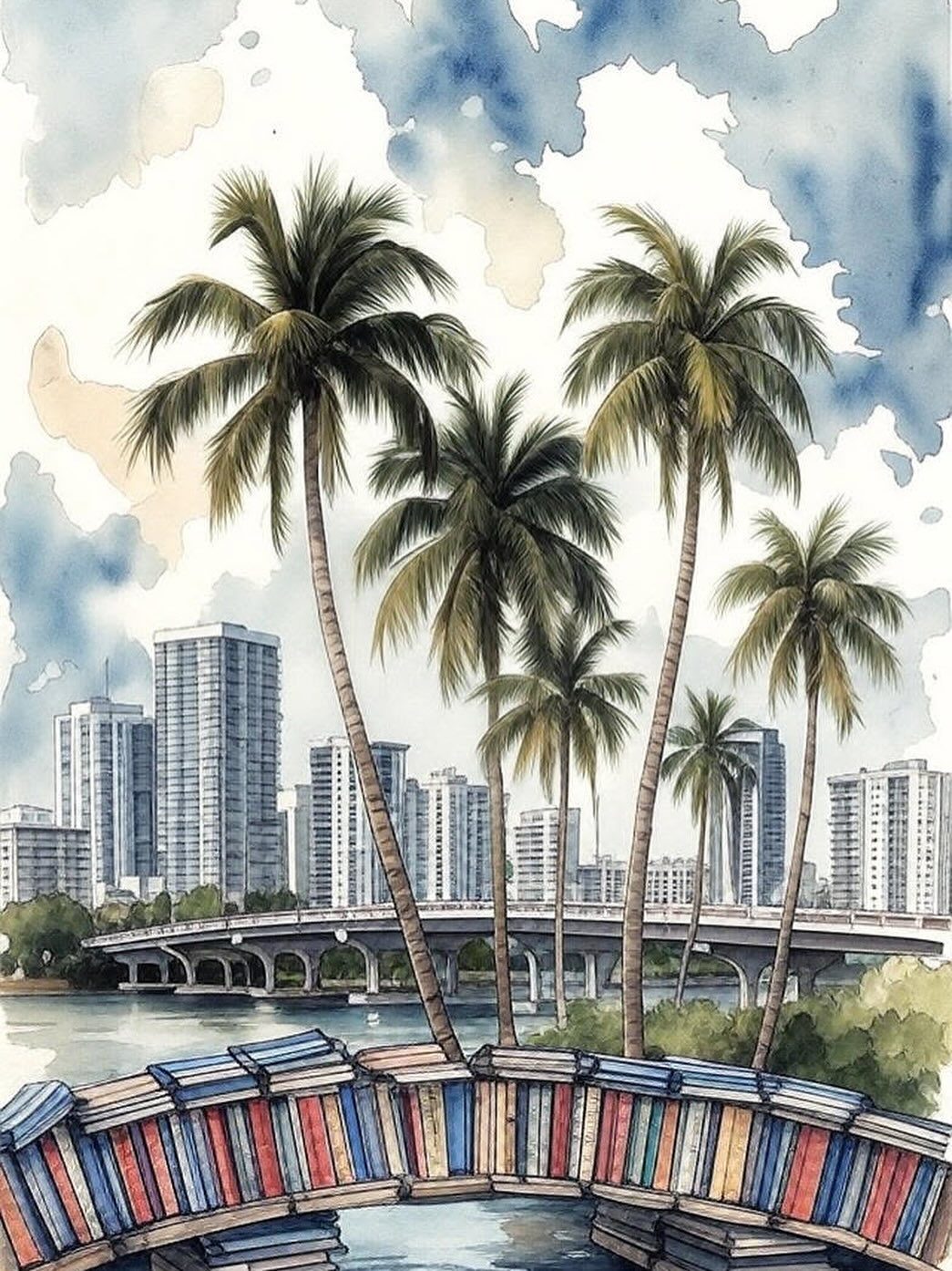 Watercolor illustration of Miami palm trees and skyline with a bridge made of colorful books