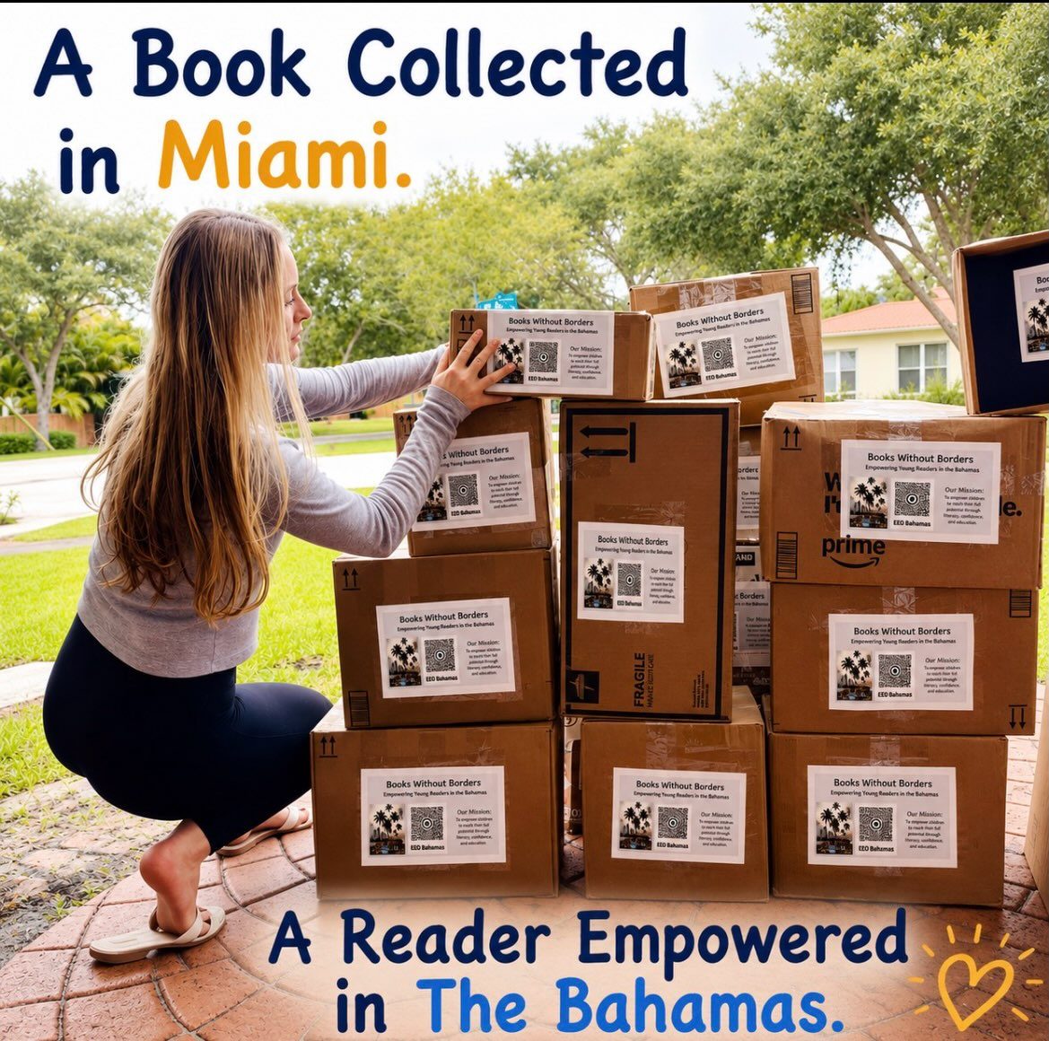 Stacking boxes of books labeled Books Without Borders, EEO Bahamas