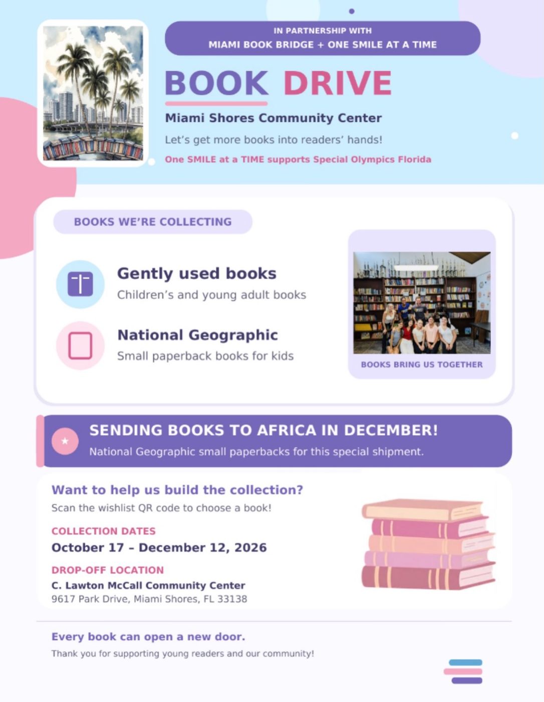 Book drive flyer: Miami Book Bridge and One SMILE at a Time, October 17 to December 12, 2026, at C. Lawton McCall Community Center, 9617 Park Drive, Miami Shores